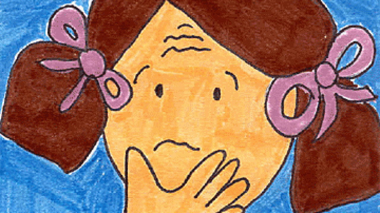 Graphic: colored drawing of a girl in pigtails looking worried