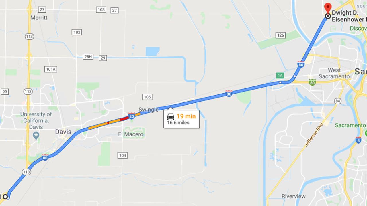 Google map: Interstate 80 between Kidwell Road (west of Davis) and West El Camino Avenue (Sacramento)_