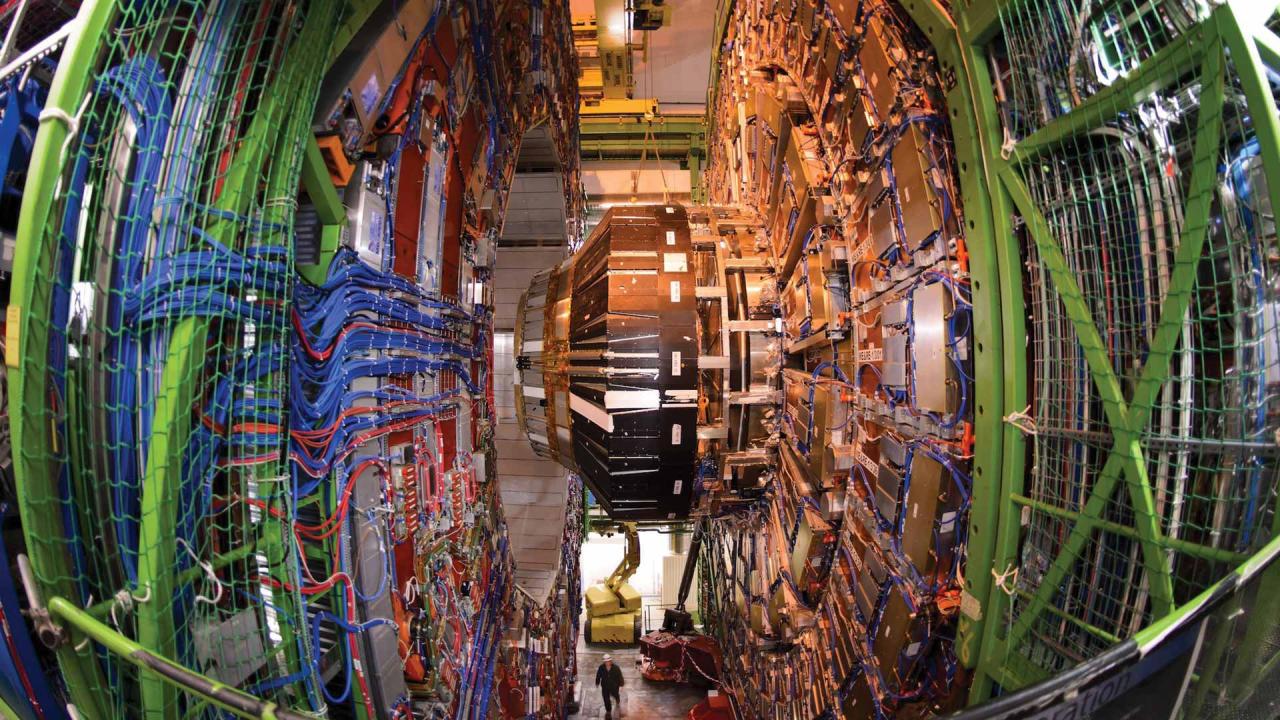 View of a large piece of complicated machinery that is several stories tall