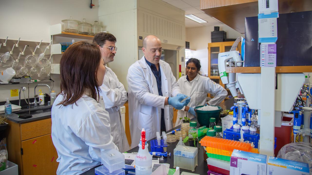 Group of scientists in white lab coats at a bench, smiling amid colorful lab equipment