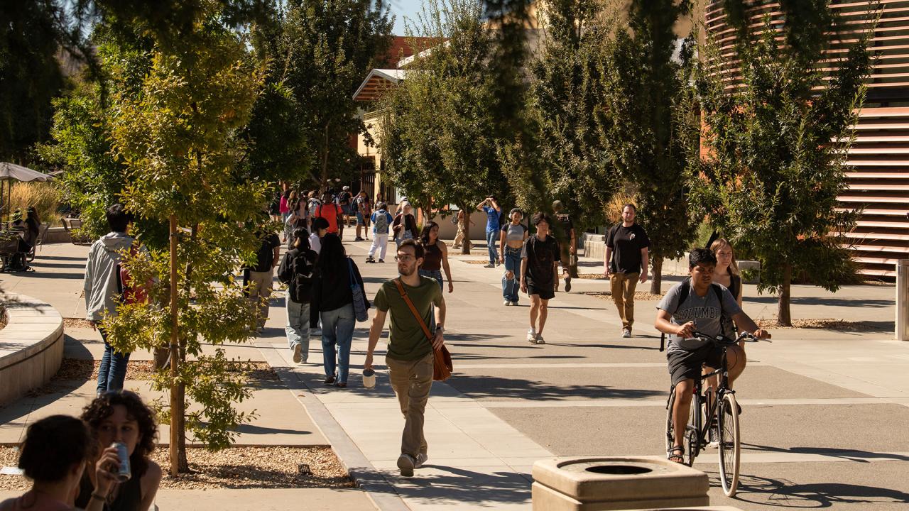 Students walk and bike along the promenade