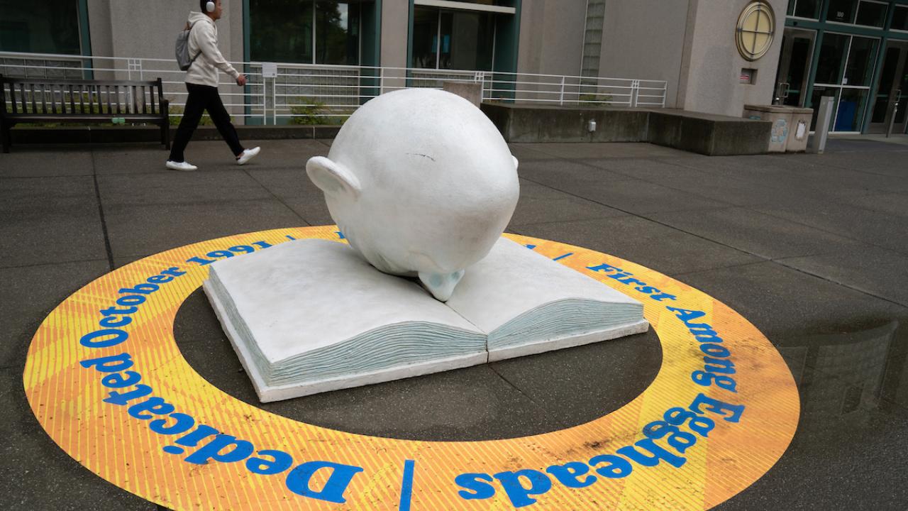 Sculpture of light-blue Egghead by Robert Arneson called Bookhead.