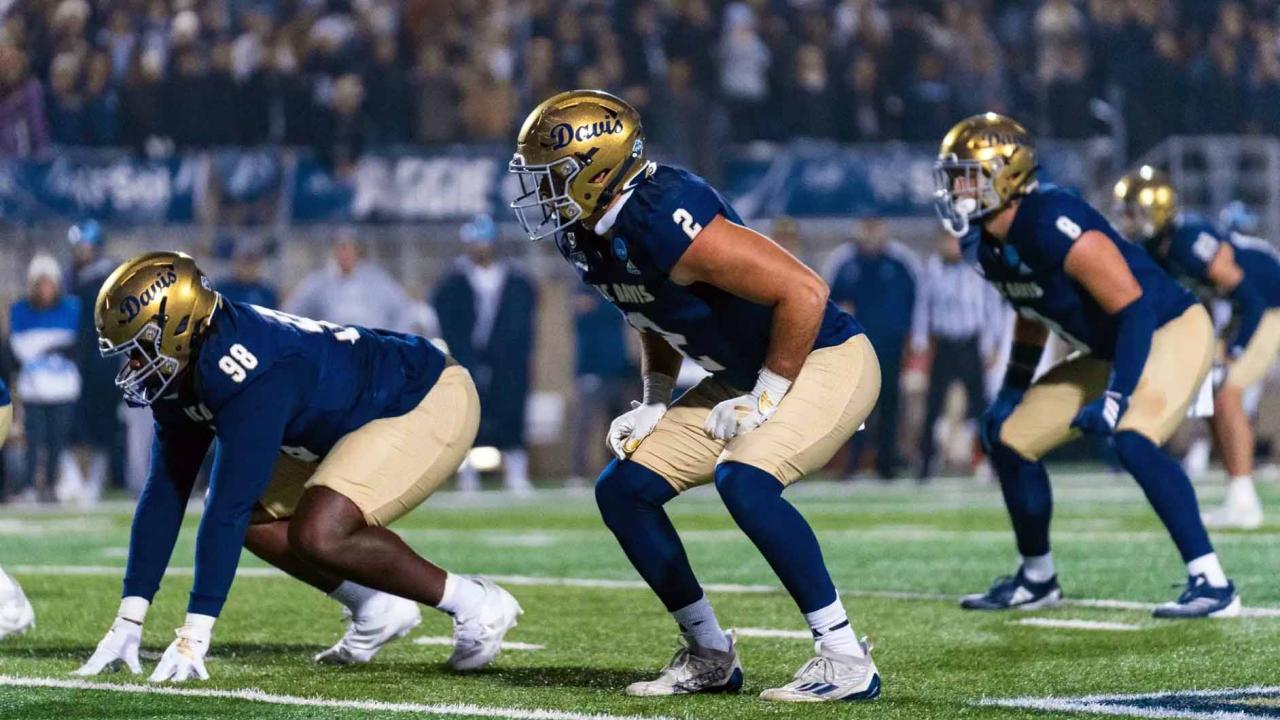 Football players prepare for a play