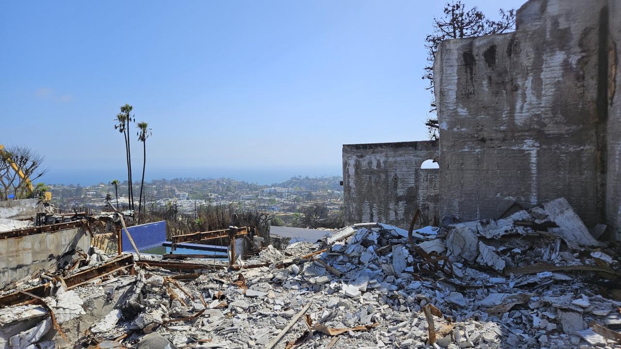 Gray, charred rubble pile among debris, the remnants of a building wall and swimming pool look out over a stand of palm trees and a skyline altered by the LA Fires 