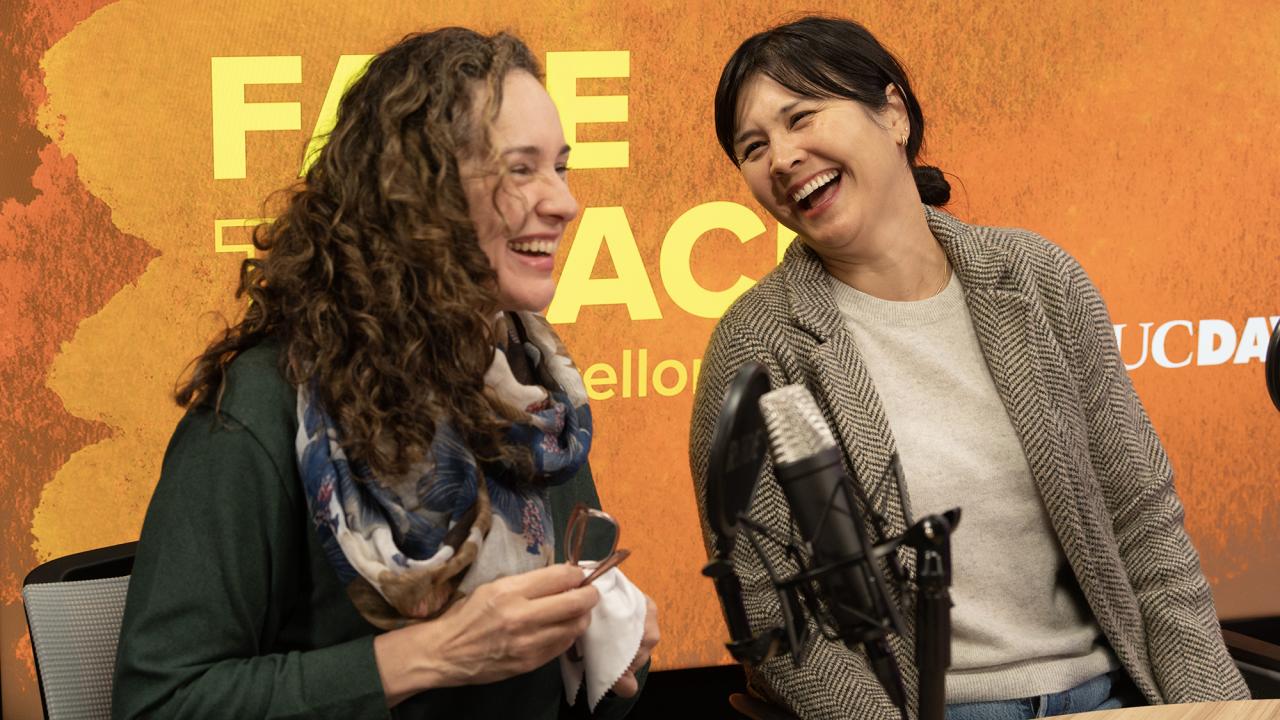 Professors Siobhan Brady and Megan Dennis recording a podcast
