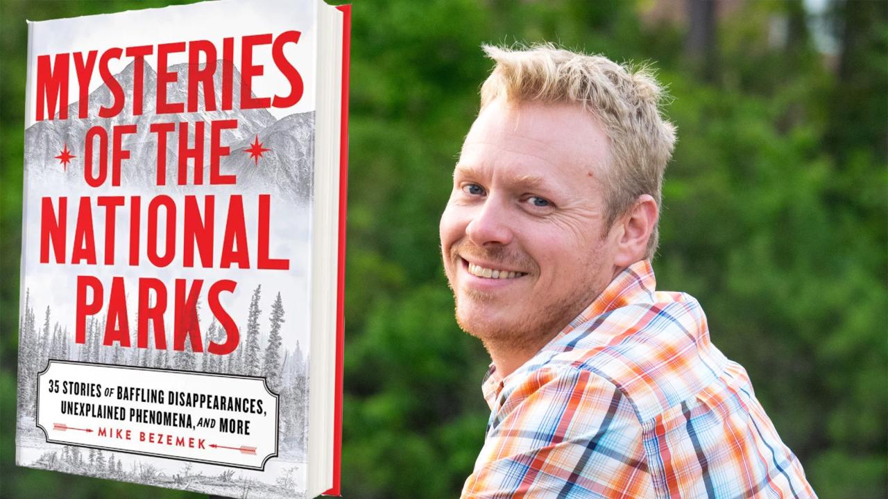 Man in plaid shirt pictured with book cover of "Mysteries of the National Parks"