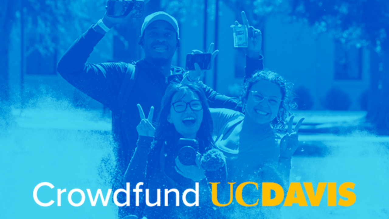 Blue graphic shows people posing for the camera with text: Crowdfund UC Davis