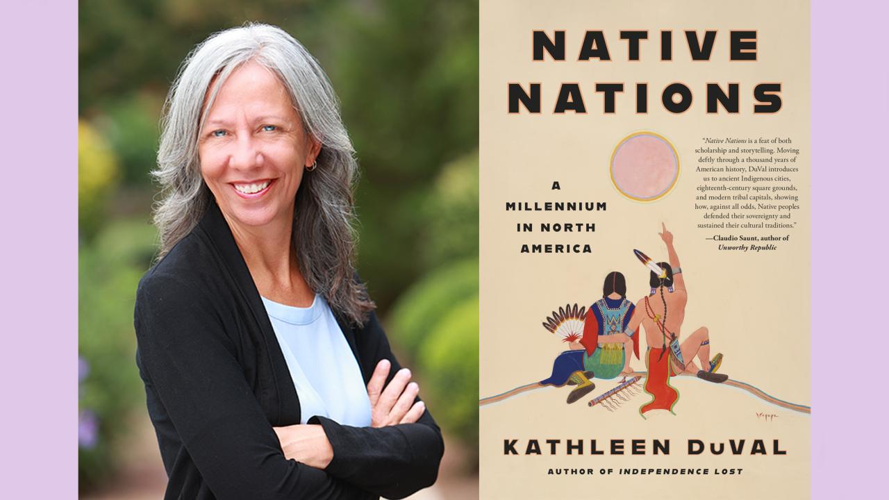 Woman stands with arms crossed on the left; book cover of Native Nations on the right