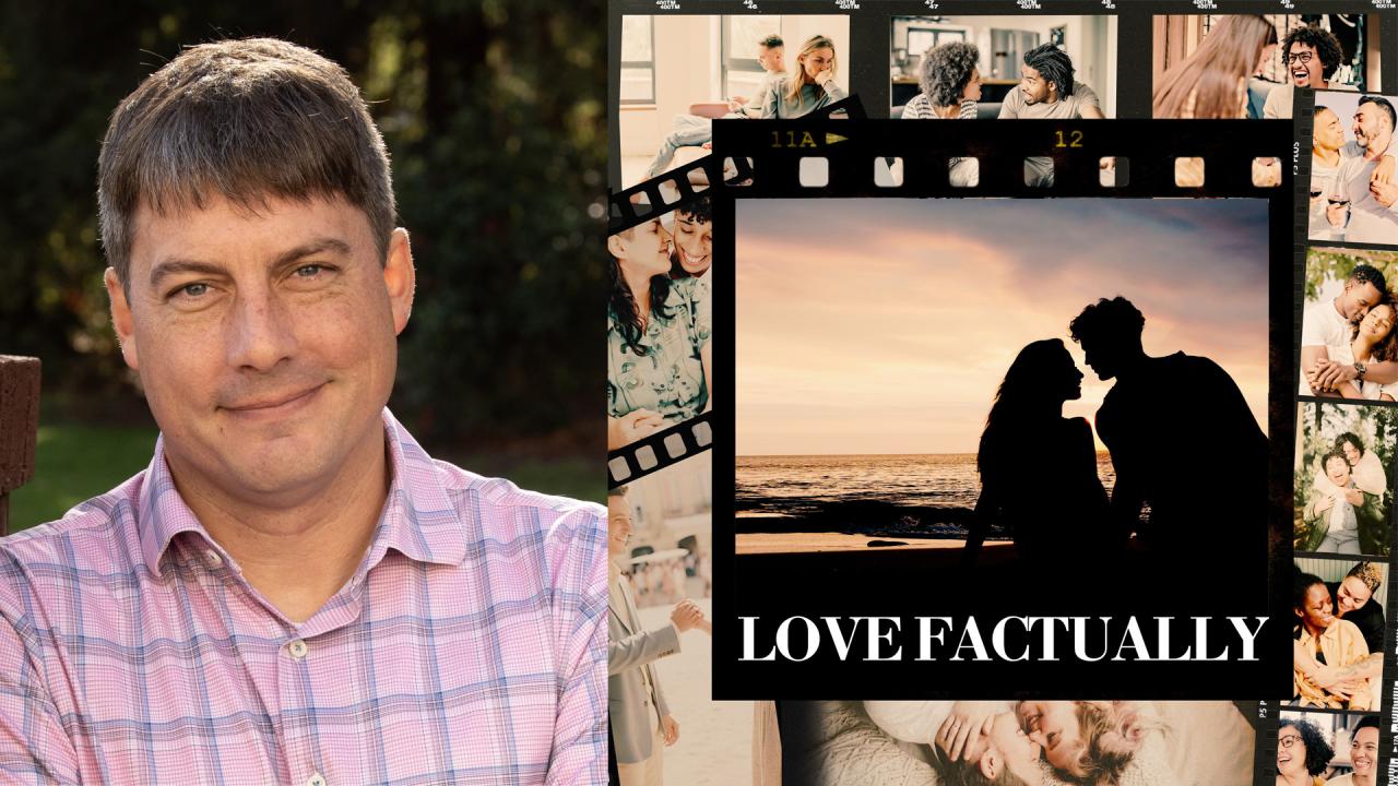 Man's headshot on left, and a slide row of photos of couples on right