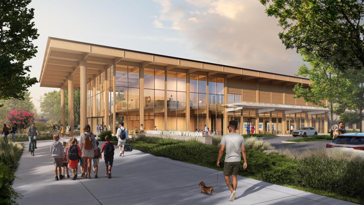 A rendering of the exterior of the planned veterinary education pavilion and primary care hospital. The expansion of the veterinary medical complex at the UC Davis School of Veterinary Medicine was made possible in part by $110.5 million in philanthropic gifts. 