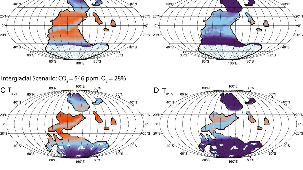 Four world maps showing Pangaea