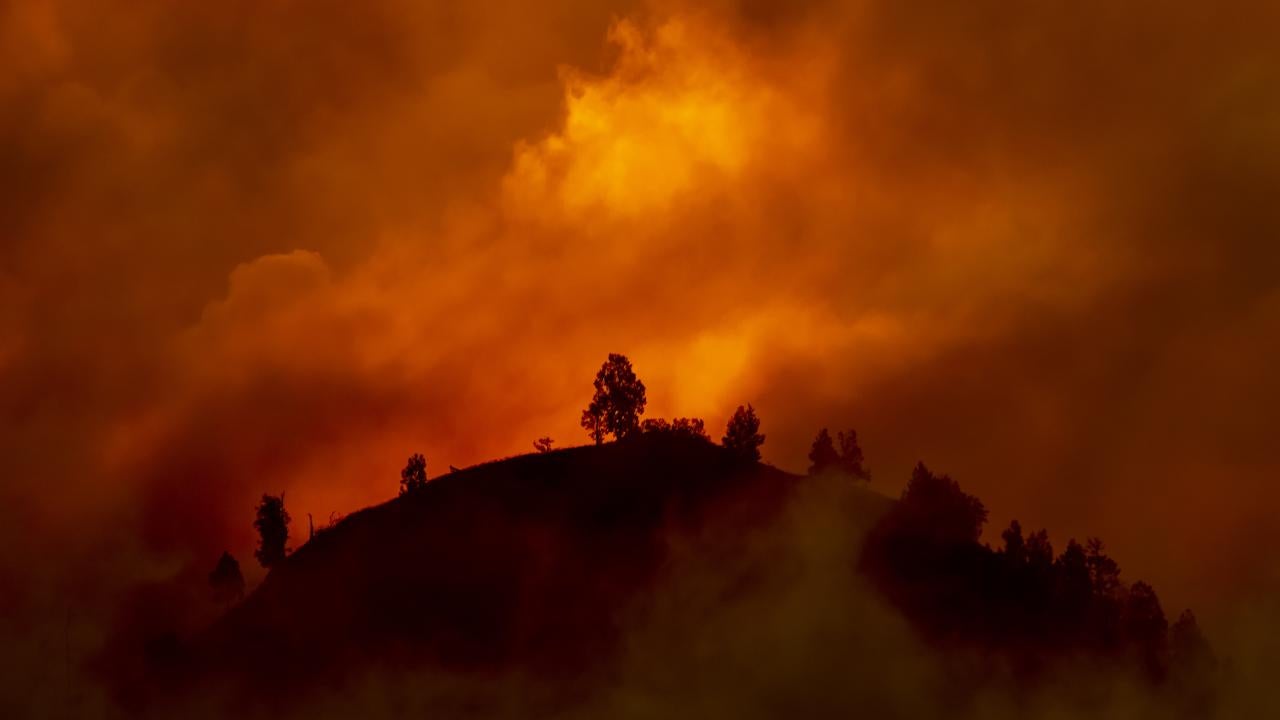 wildfire. and smoke rises over hill and trees in forest at night