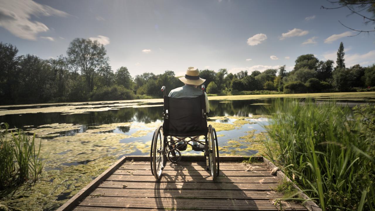 Man in wheelchair on bridge facing water body with back to camera.