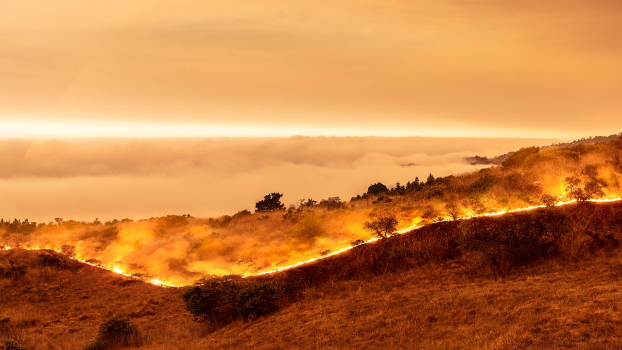 Orange smokey sky with marine layer and line of wildfire in California coastal hills
