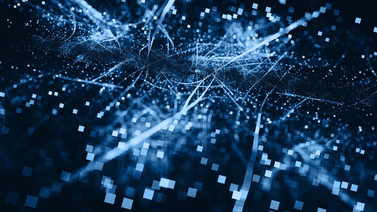 White and blue lines and squares in space on a black background. 