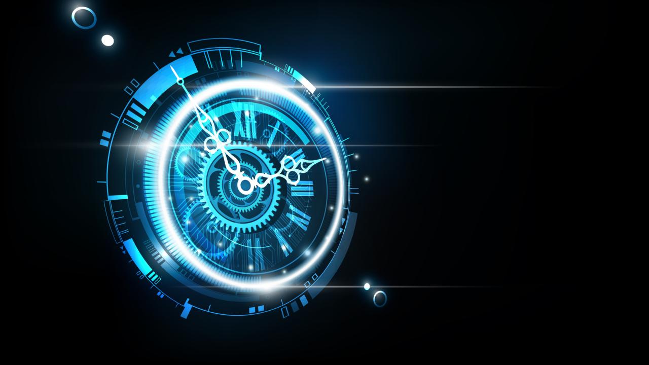 Futuristic image of a clock face in blue and white against a black background