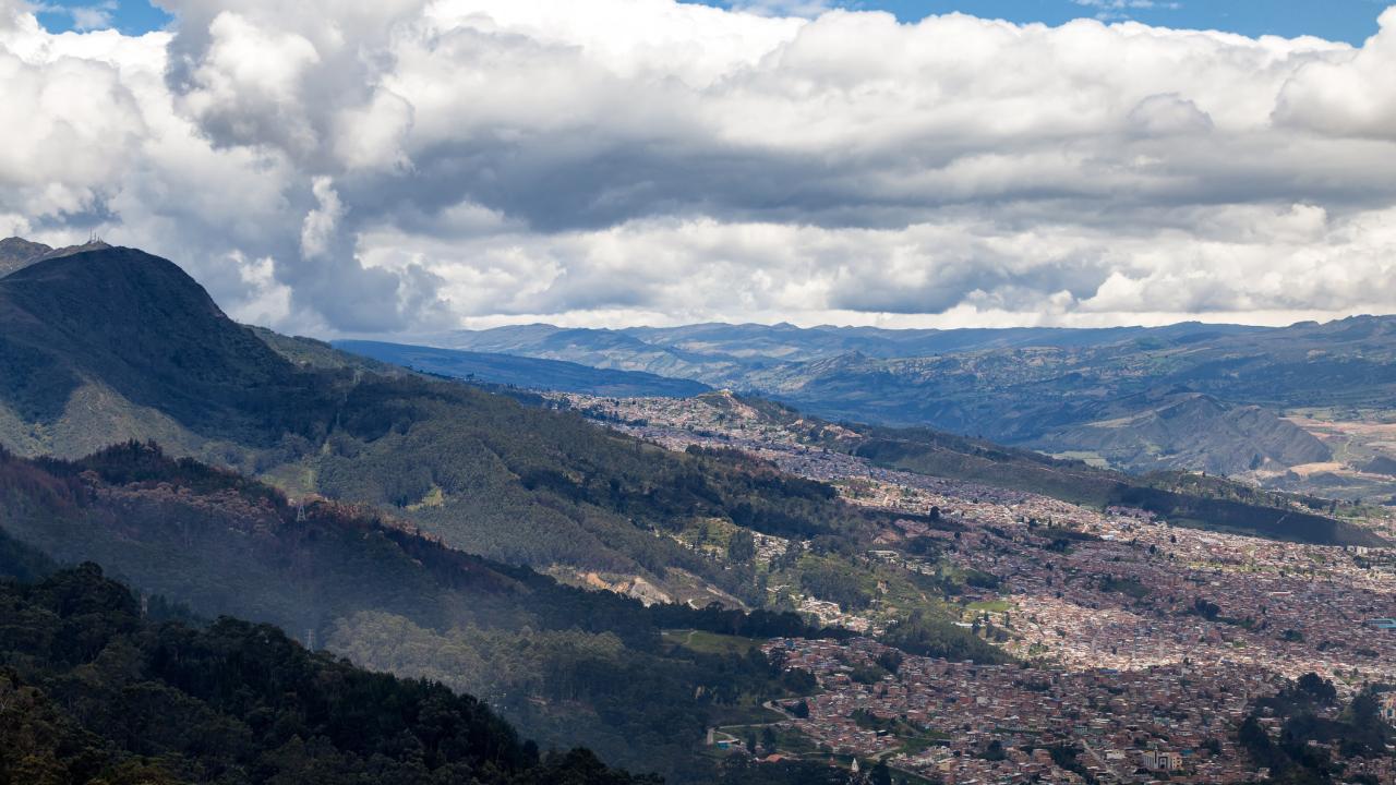 Beautiful Andes mountains in blue hue and surrounding valley.