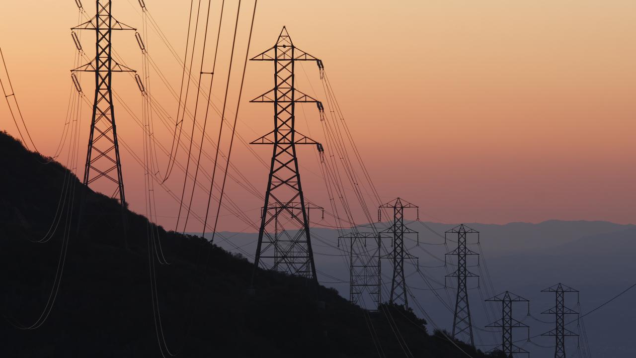 Electric pylon in the San Gabriel Mountains outside Los Angeles at sunset