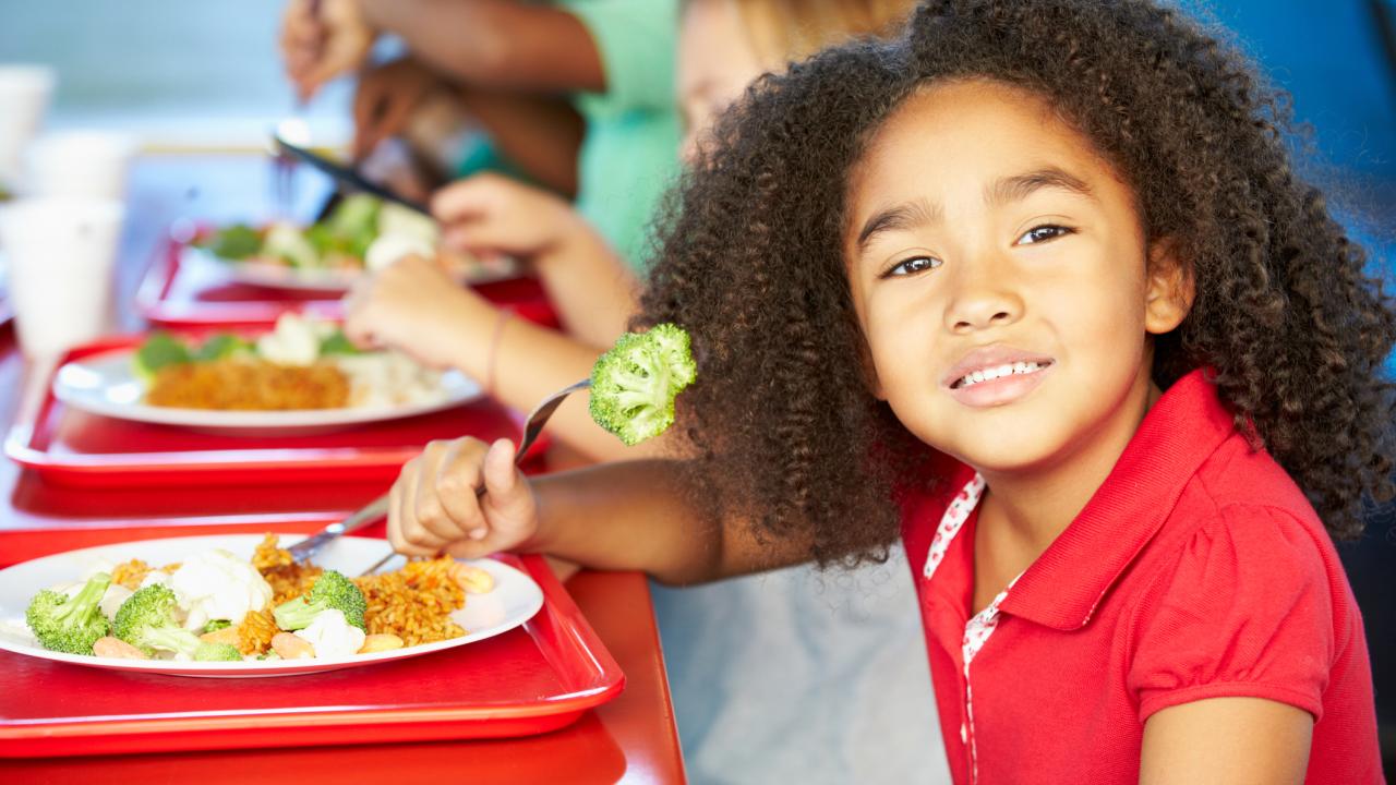 Child with dark curly hair and red shirt eats a school lunch. 