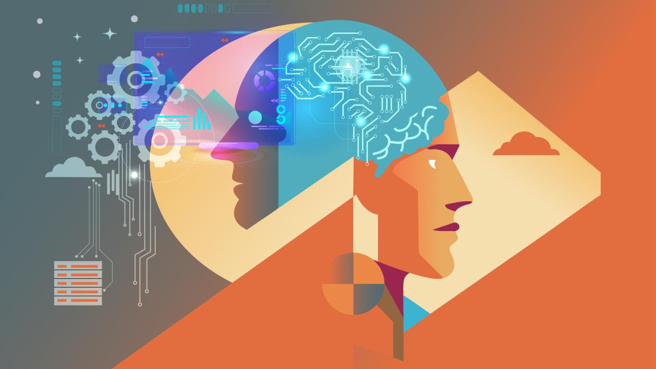 Concept art with the panel divided diagonally from lower left to upper right. Left side in blue tones a robotic face, right side in red/orange tones a human face. 