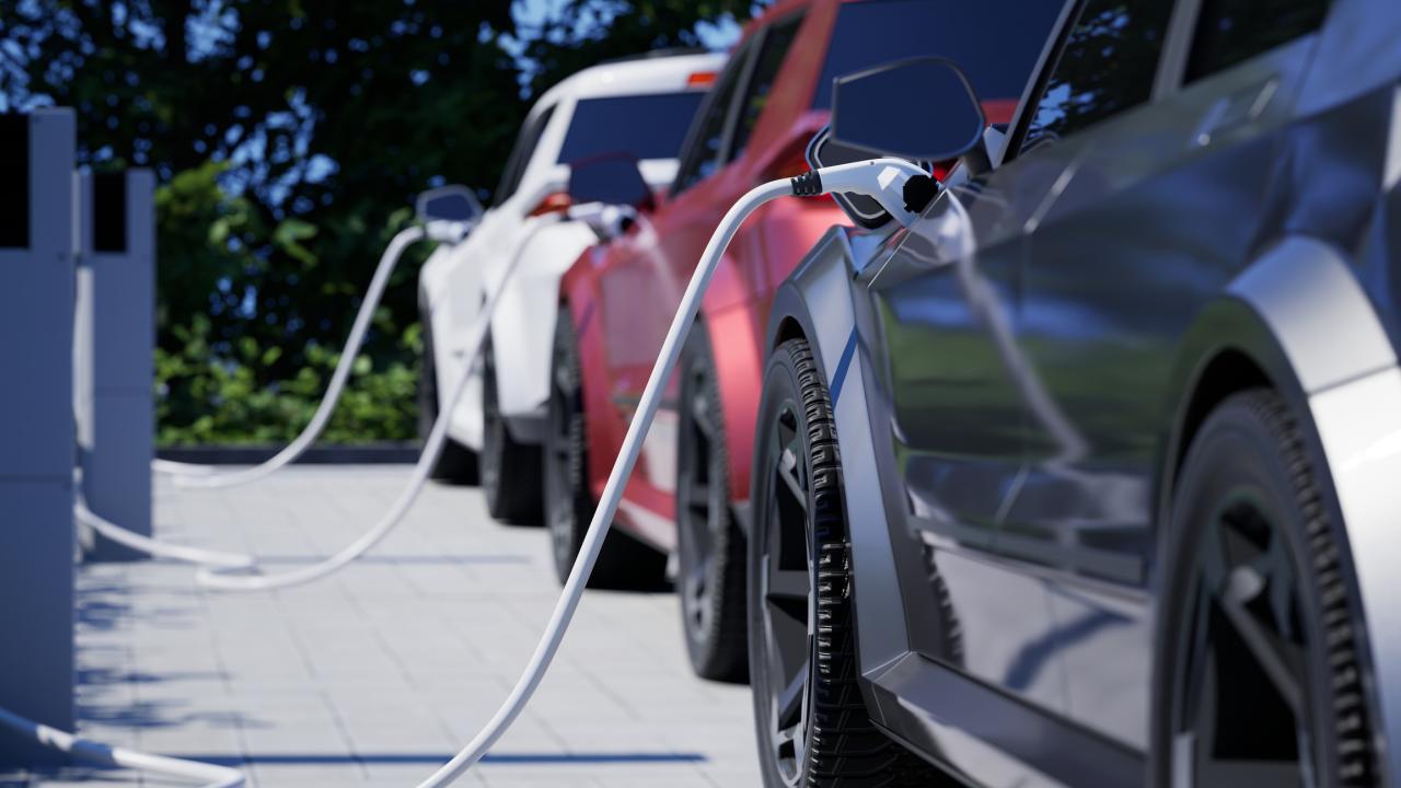 Three electric vehicles charging at a station on a sunny day, surrounded by greenery.