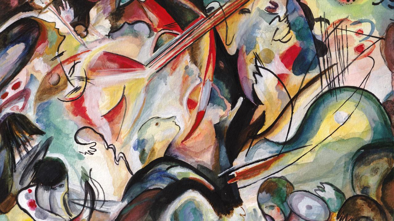 Abstract painting with multiple colors in fashion of Kandisnky