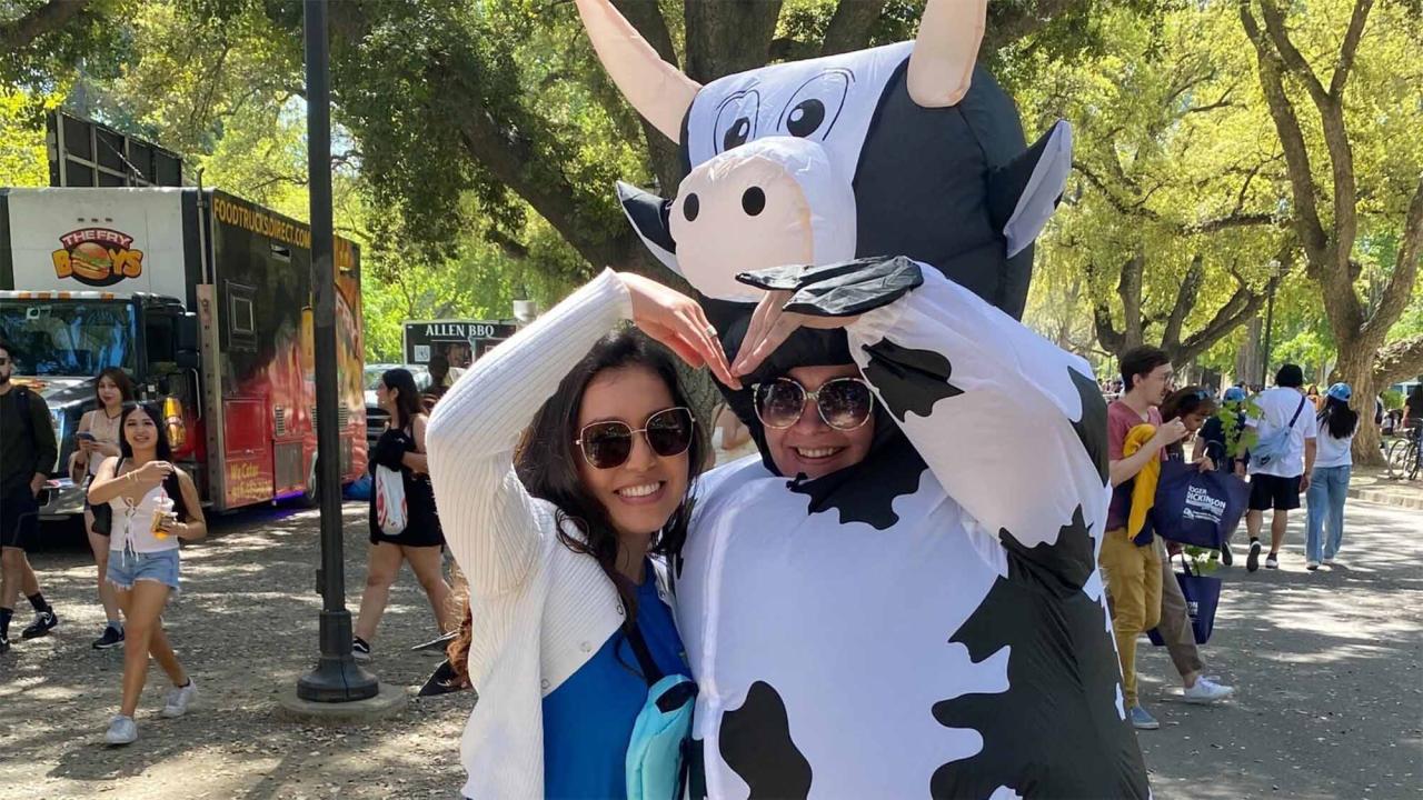 Two people make a heart shape with their arms. One is dressed in an inflatable cow costume.