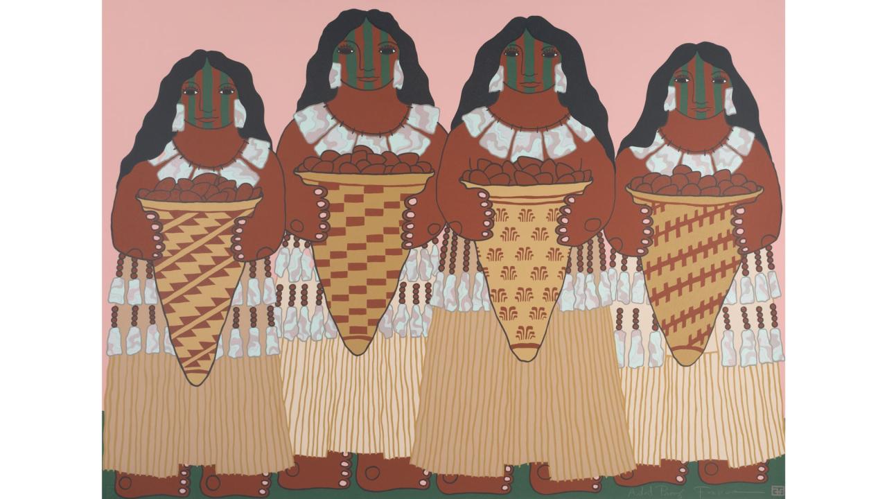 Figures in art work in Native dress in gold and brown