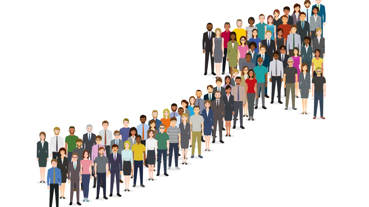 Illustration of people, shaped like an upward trajectory arrow