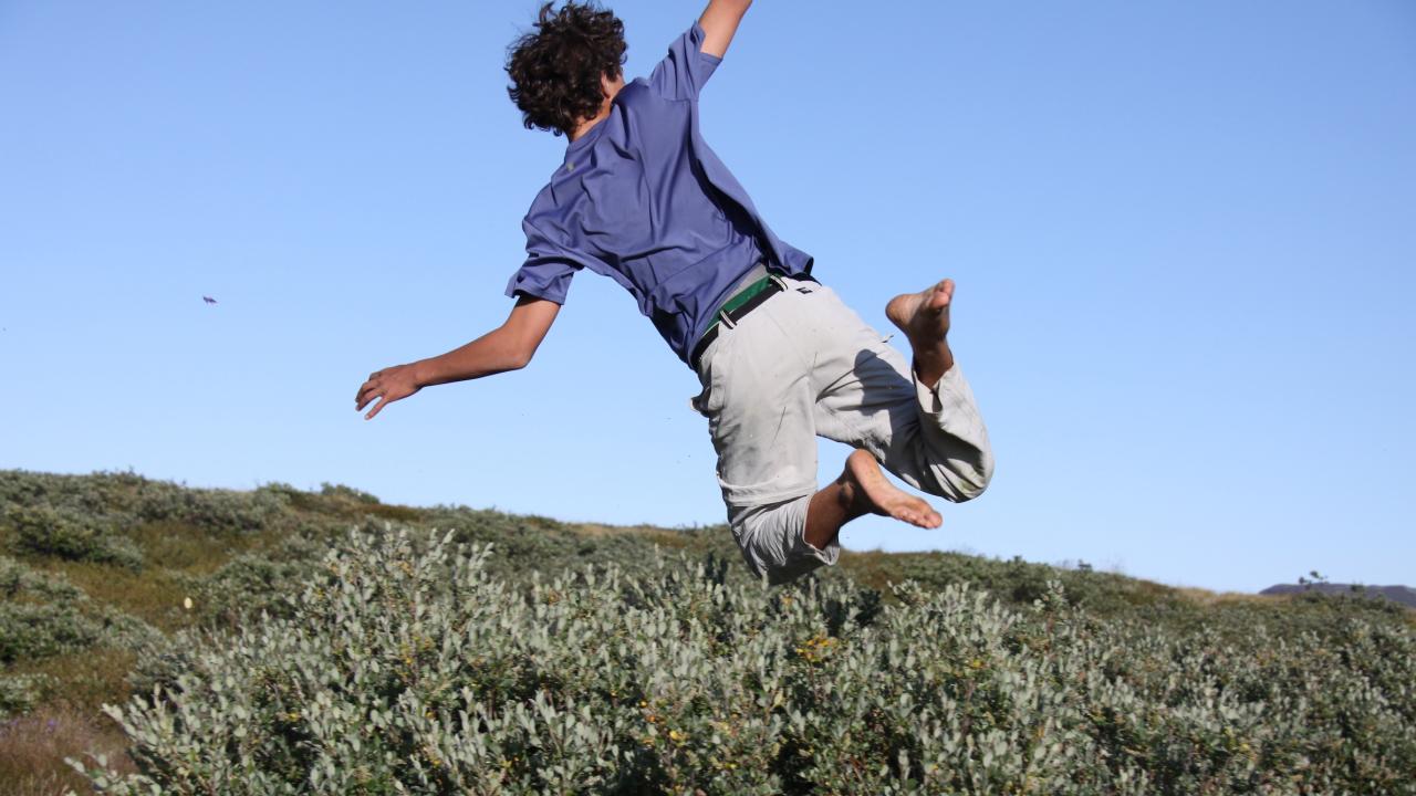 Teen jumps with joy by gray willows in Arctic