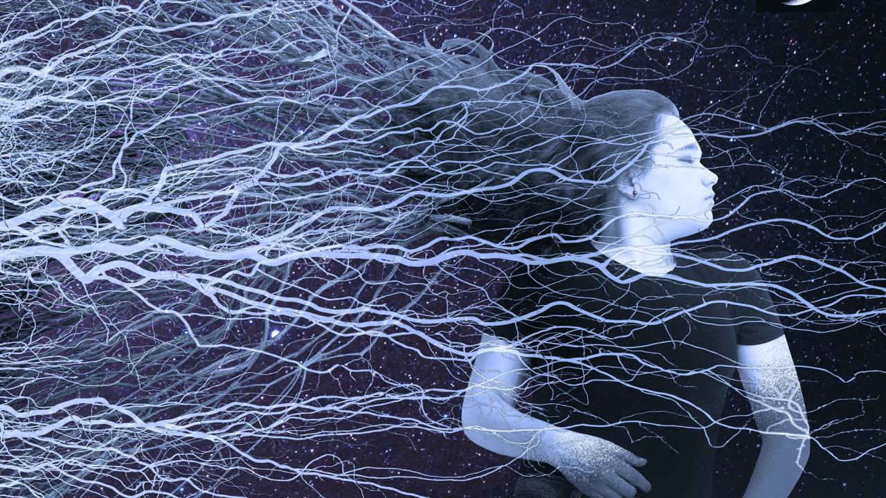 An artwork of silhouette of a girl with flowing hair against a starry sky and lightning-like patterns.