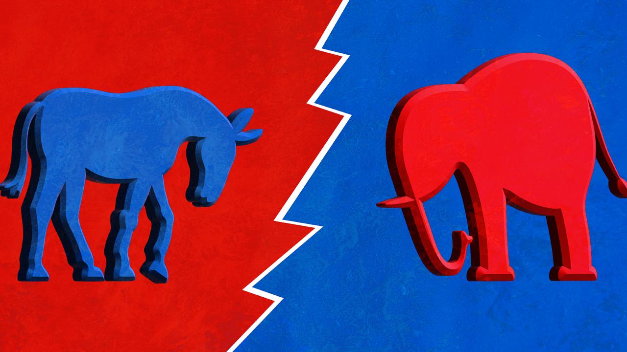 Illustration of a donkey and elephant butting heads