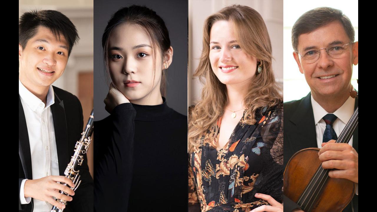 Performing musician portraits combined in group of four photos 