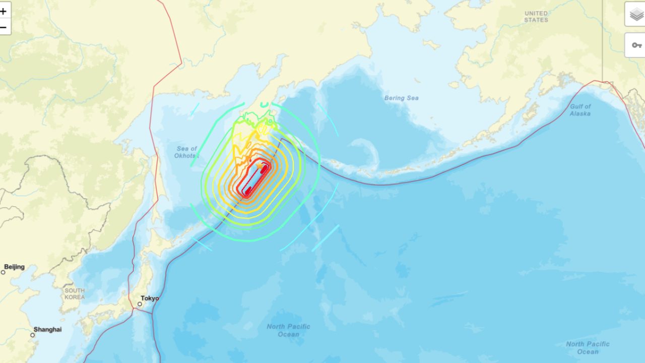 A map of the north eastern Pacific ocean. Colored concentric circles are located towards the left of the image. 