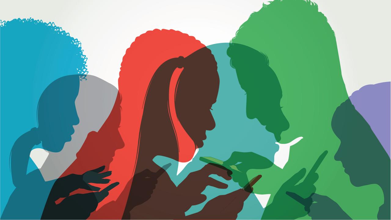 colorful silhouettes of different people looking at their cell phones