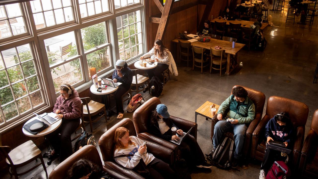 Students sitting in leather chairs and at tables, engaged in conversation or using laptops at the Silo.