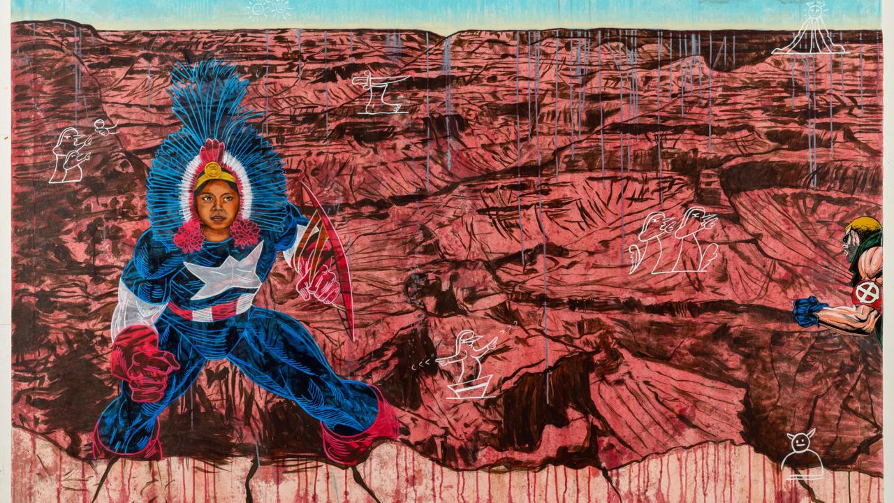 Art work featuring man in native or historic costume against wall in blue and brown