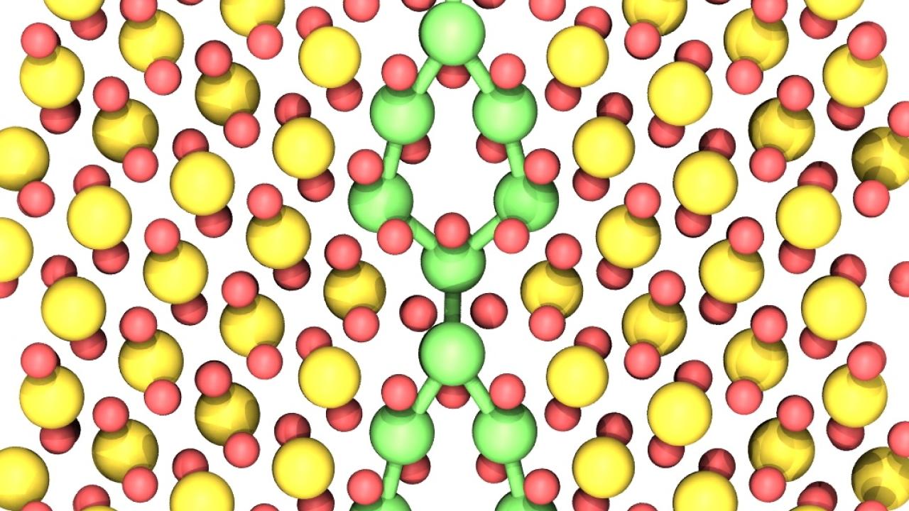 A grid of alternating rows of red and yellow spheres. Passing down the center of the image are two columns of green spheres. 