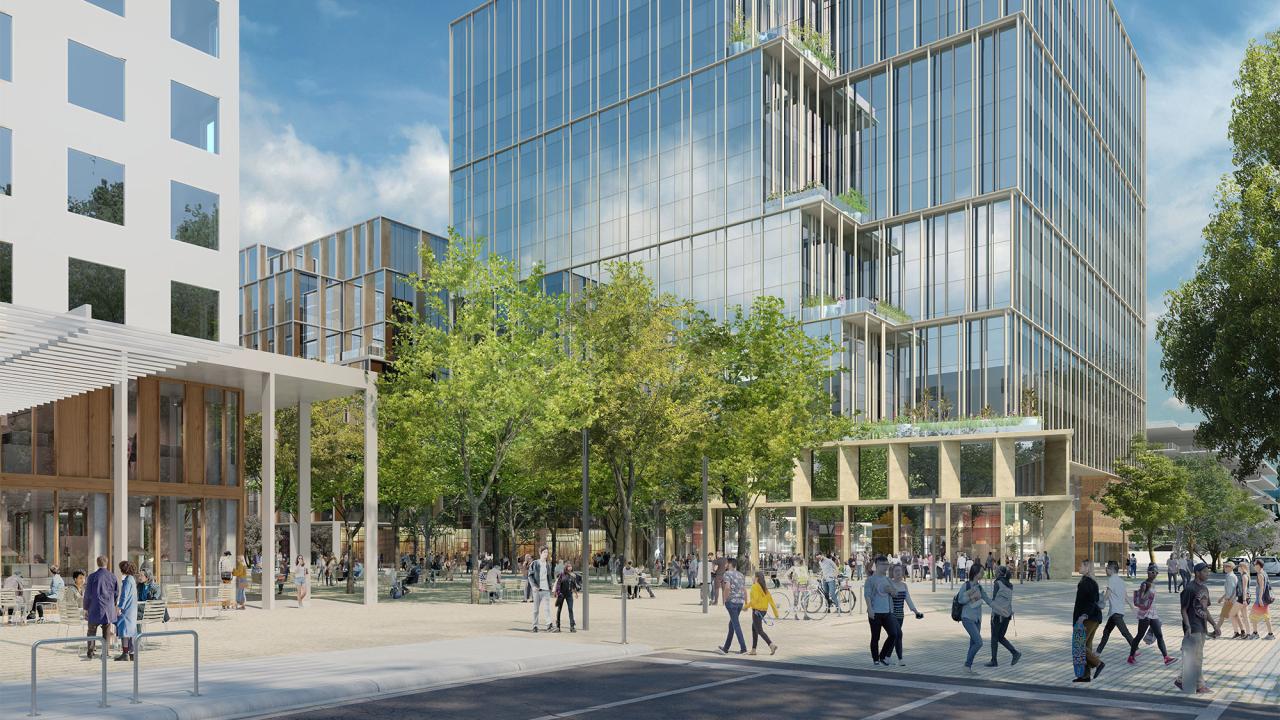 Rendering shows people walking around Aggie Square.