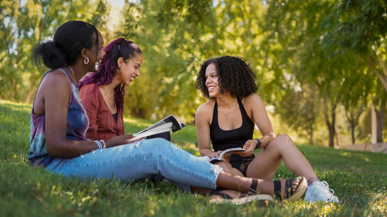 Students sit on grass to talk and study with books