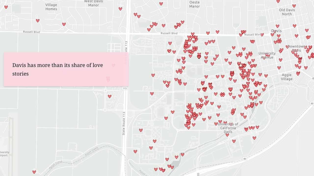 Graphic shows map of UC Davis numerous heart icons all around campus. Text: Davis has more than its share of love stories
