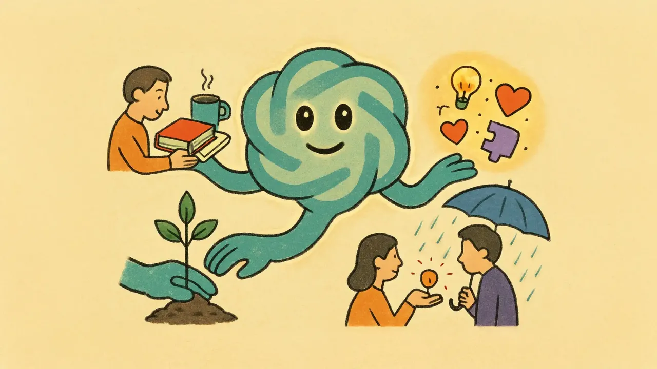 AI-generated drawing of the ChatGPT logo with a smiley face on it and arms extending to hand a book to someone, plant a tree, give ideas, and shield someone from the rain with an umbrella.