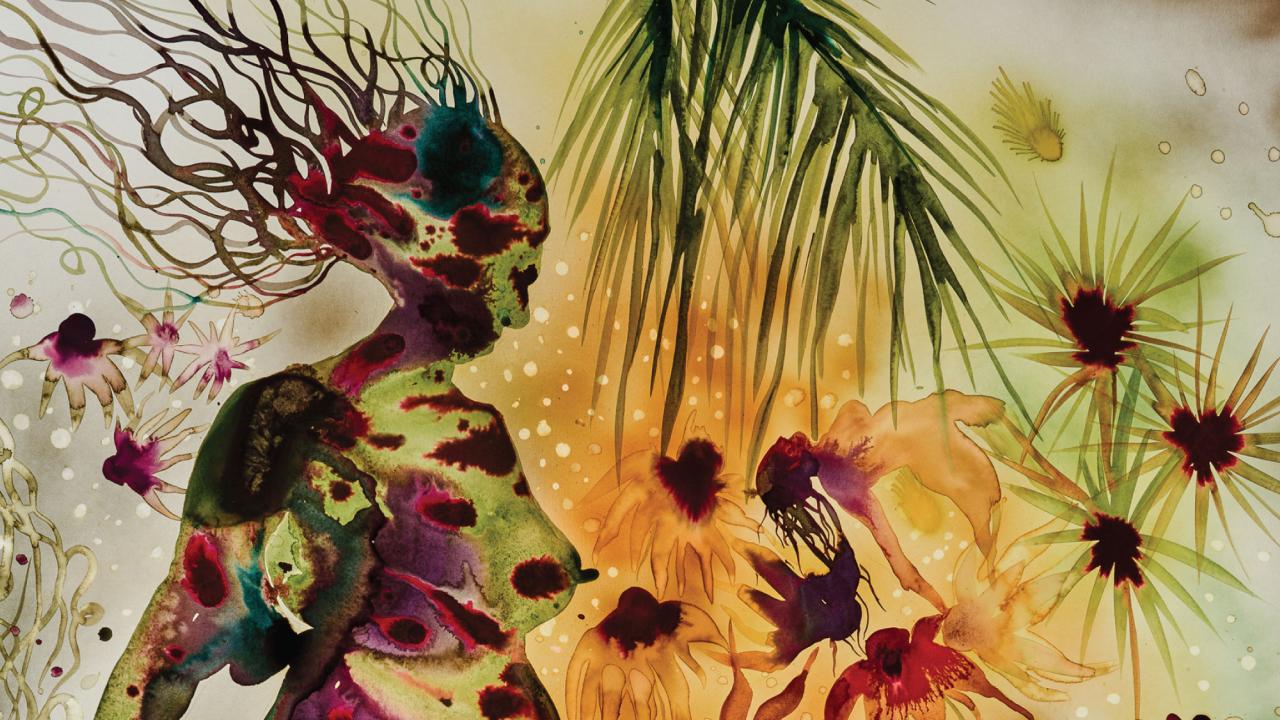 artwork featuring magenta, gold and green portrayal of woman in garden