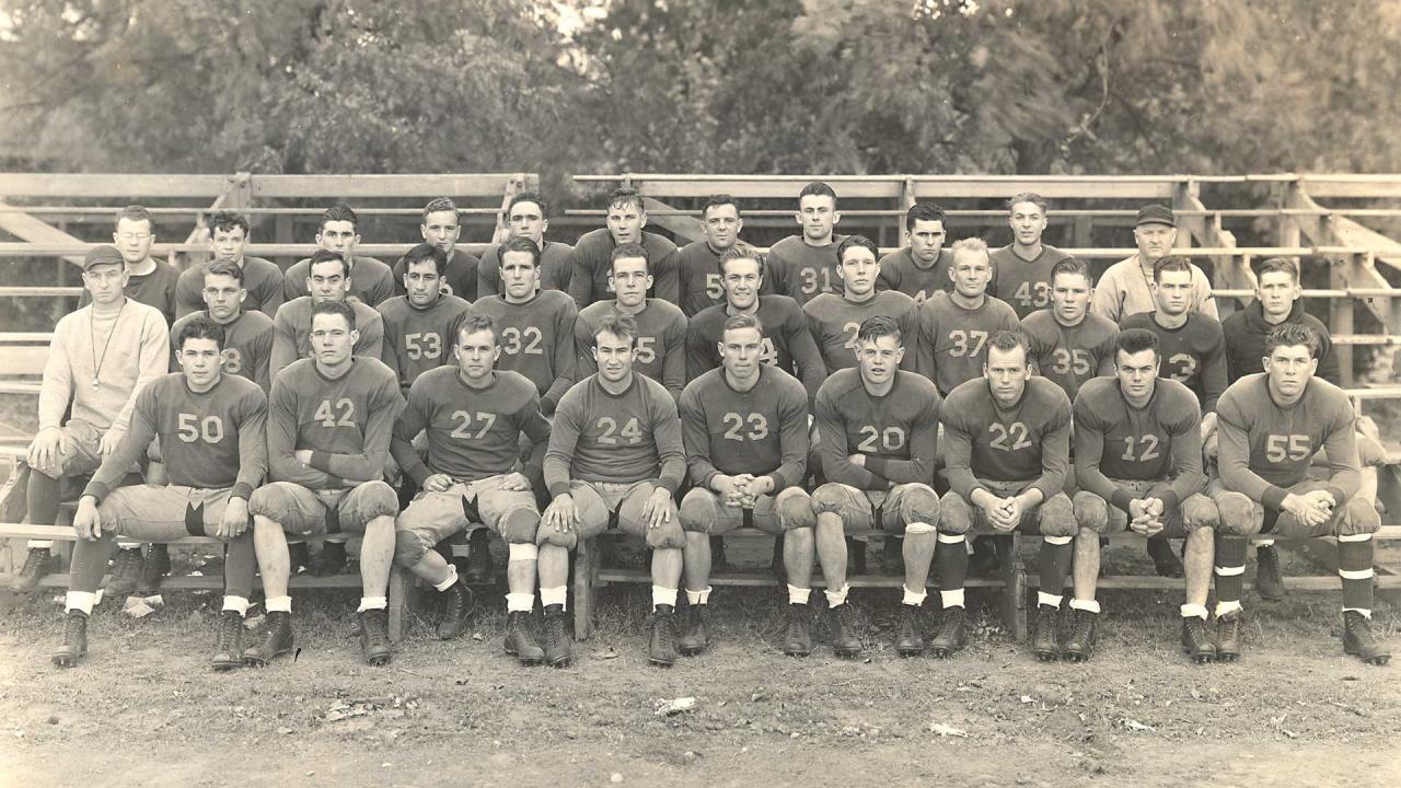 Photo of the 1938 Cal Aggies football team. The team is sitting on bleachers three rows deep.