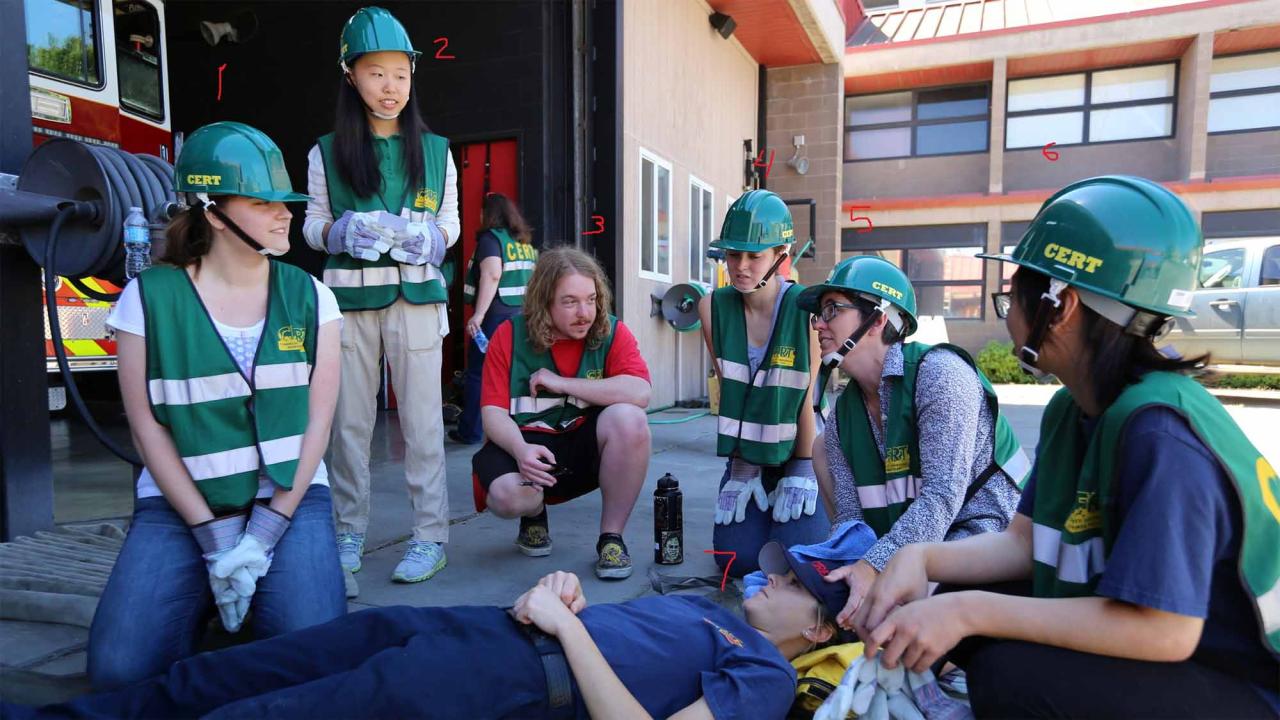 Six students perform first aid drill outside fire department