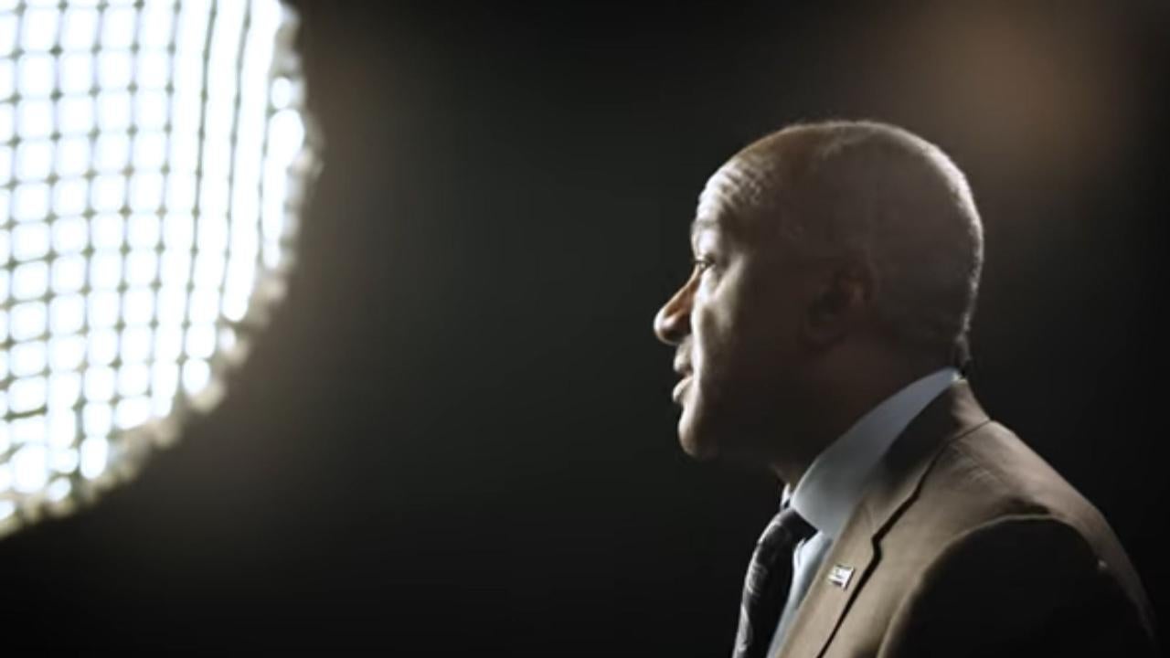 Chancellor May, UC Davis, in recording session with studio light