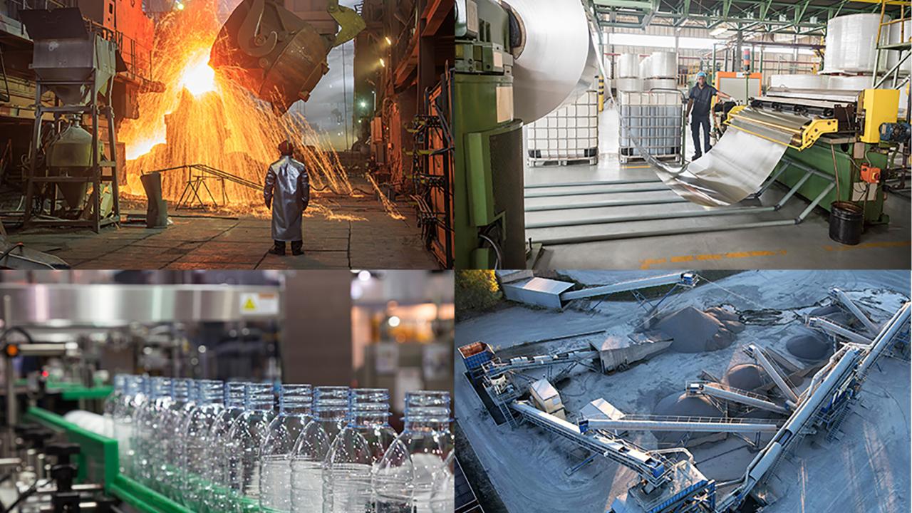 Composite of four images showing, clockwise from top left, molten iron, sheets of shiny metal from a roller, aerial view of a cement plant, plastic bottles on a production line. 