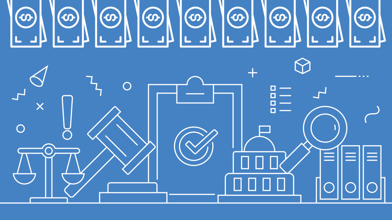 Blue background illustration showing white line-art icons related to funding and research administration, including stacks of dollar bills at the top, a gavel, scales of justice, a clipboard with a checkmark, a government building, a magnifying glass over file binders, and various small decorative symbols.”