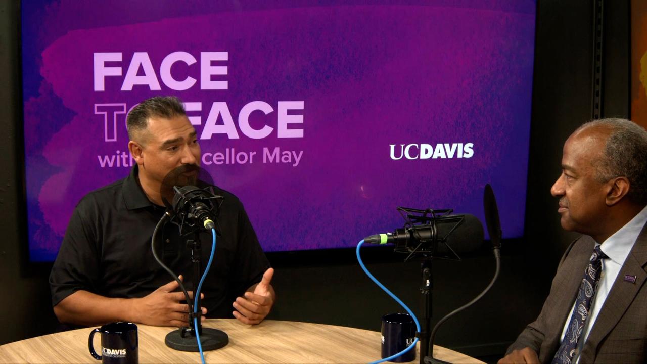 Chancellor Gary S. May interviews Santana Diaz, executive chef of UC Davis Health, on Face to Face With Chancellor May.