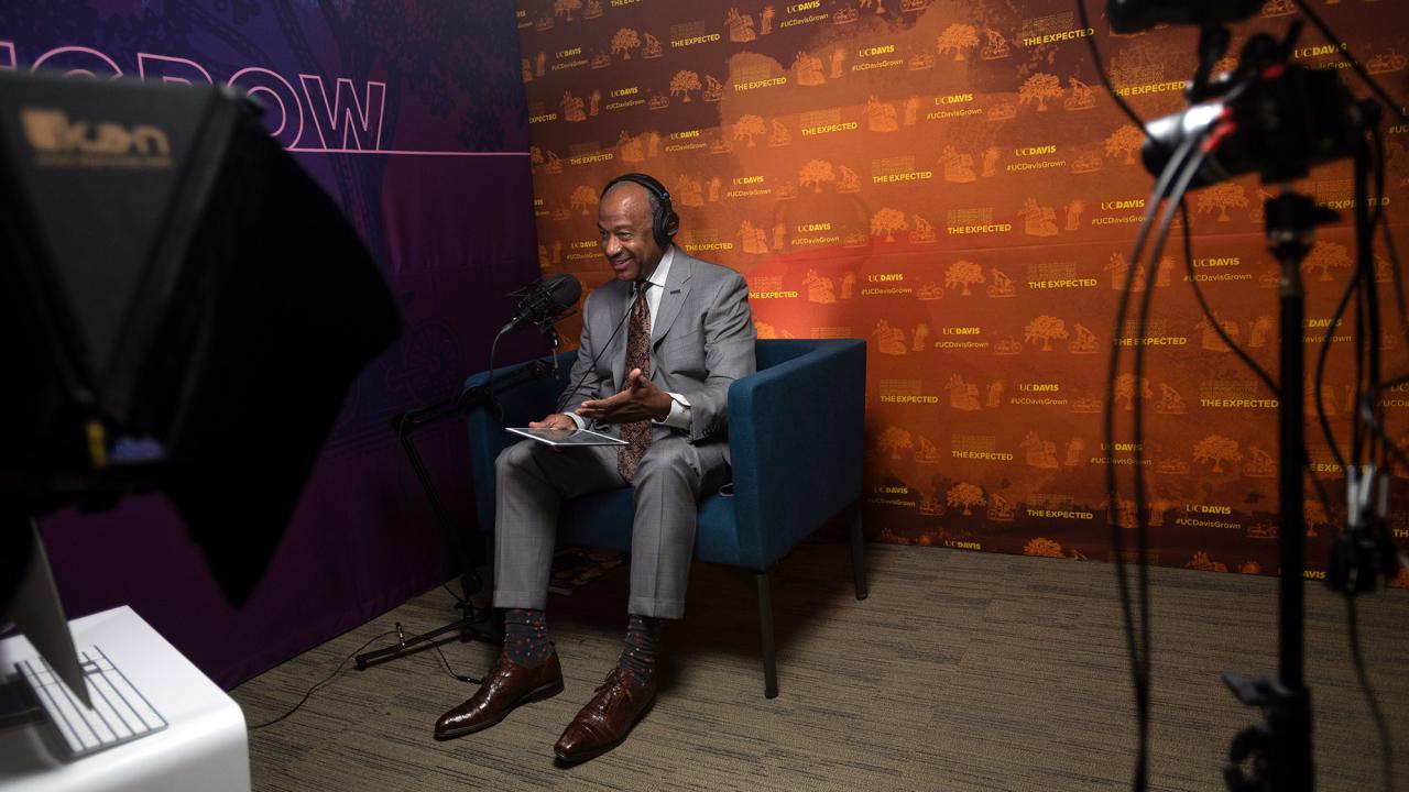 Chancellor Gary S. May interviews Mahiri Moore Jr. over Zoom.